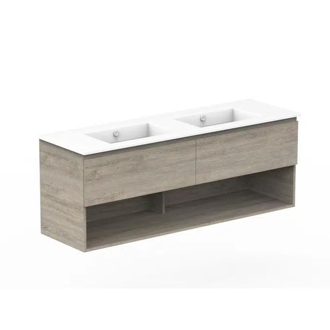 Posh Domaine 1500mm Wall Hung Vanity Unit All-Drawer Open Shelf Double Bowl Ceramic Top