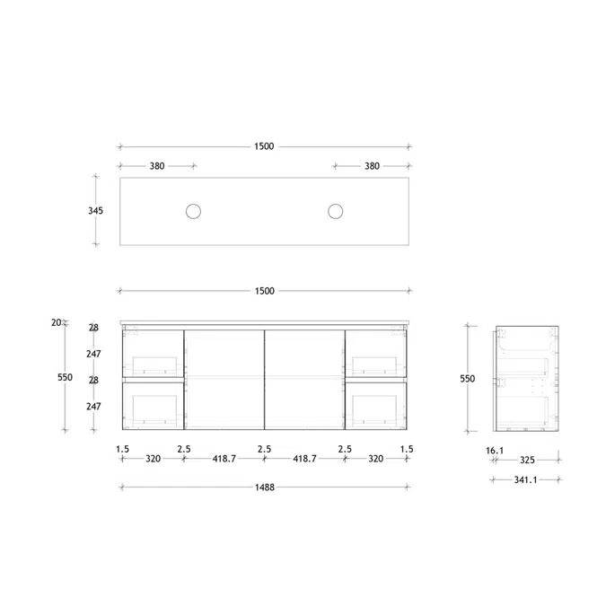 Posh Domaine 1500mm Ensuite Wall Hung Vanity Unit Double Bowl Cherry Pie Top (no basin)