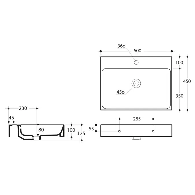 AXA Cento Wall Basin with Fixing 1 Taphole 600mm White