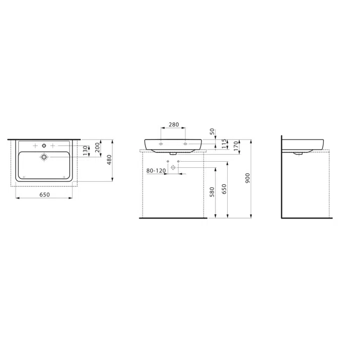 LAUFEN Pro A Wall/Counter Basin with Overflow & Fixing Bolts 1 Taphole 650 x 480mm White