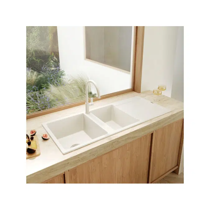 Memo Freya 1 3/4 Sink 1 Taphole Left Hand Bowl with Drainer Granite White