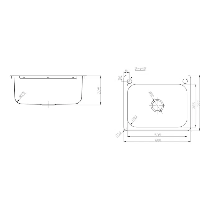 Posh Domaine Trough 45L with Bypass 2 Taphole Stainless Steel