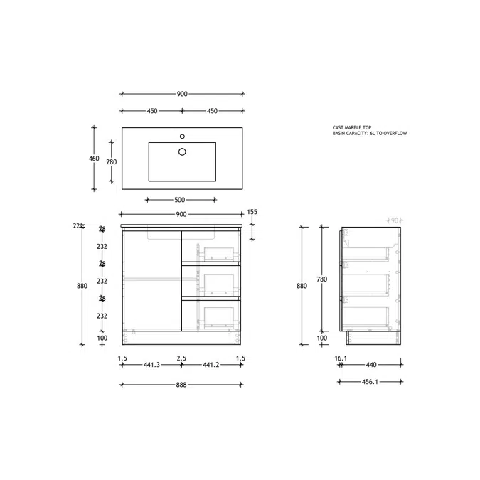 Posh Domaine Conventional 900mm Floor Mounted Vanity Unit Cast Marble Centre Basin