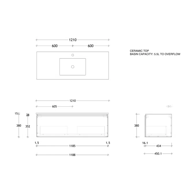 Posh Domaine 1200mm Wall Hung Vanity Unit All-Drawer Single Bowl Ceramic Top