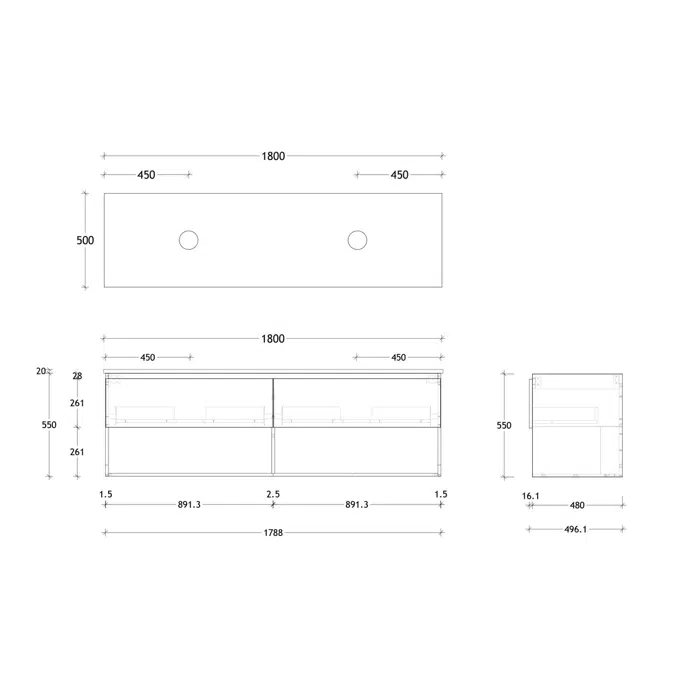 Posh Domaine 1800mm Wall Hung Vanity Unit All-Drawer Open Shelf Double Bowl Cherry Pie Top (no basin)