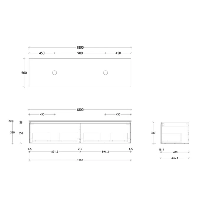 Posh Domaine 1800mm Wall Hung Vanity Unit All-Drawer Double Bowl Cherry Pie Top (no basin)