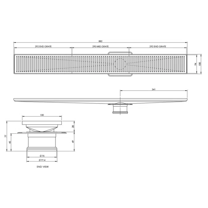 Mizu Shower Channel Waste 900mm Long Brushed Chrome Finish