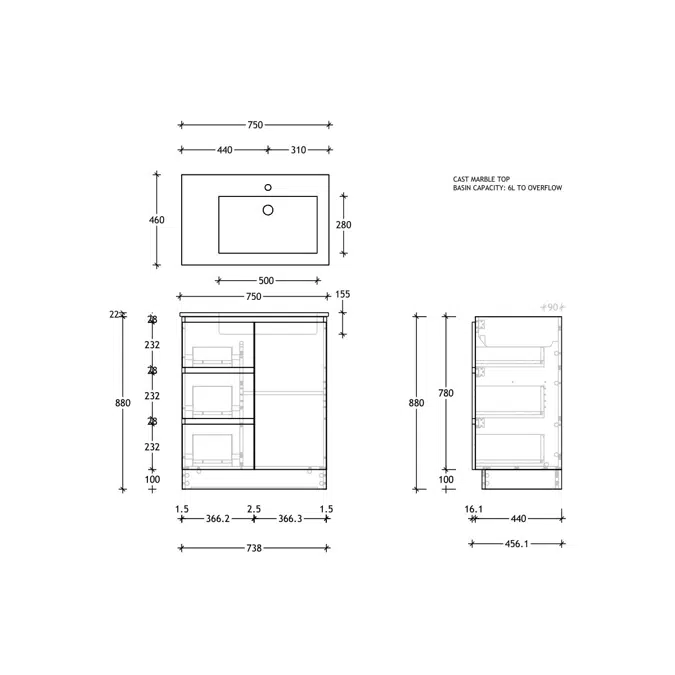 Posh Domaine Conventional 750mm Floor Mounted Vanity Unit Cast Marble Right Hand Basin