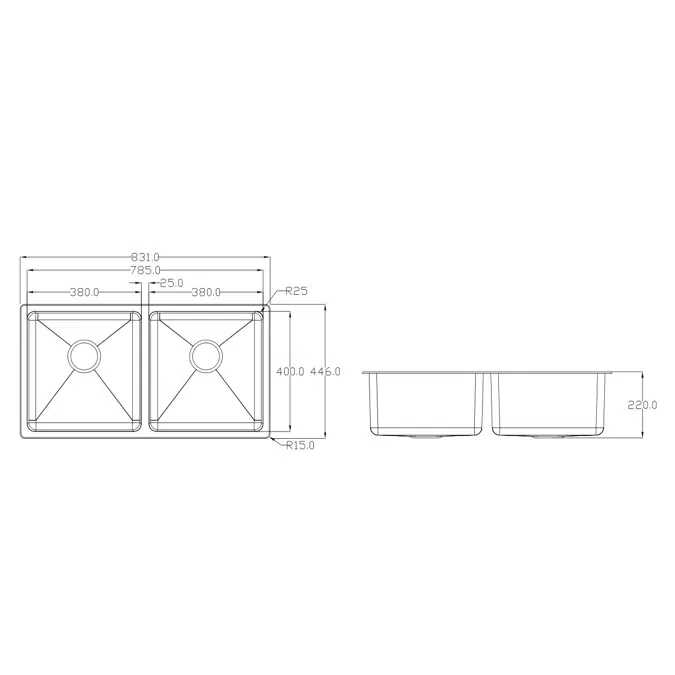 Memo Hugo Double Bowl Sink No Taphole Stainless Steel