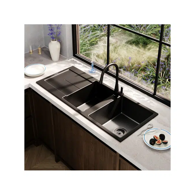 Memo Freya 1 3/4 Sink 1 Taphole Right Hand Bowl with Drainer Granite Black
