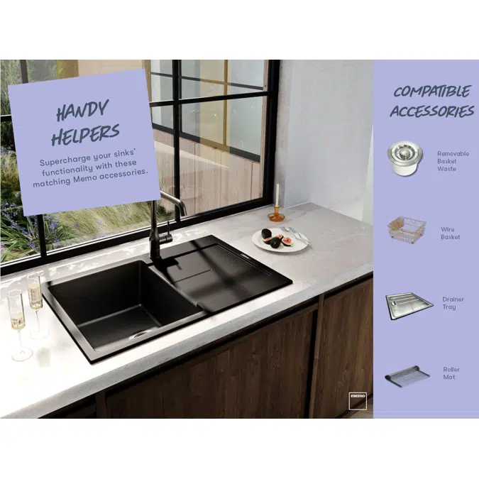 Memo Freya 1 3/4 Sink 1 Taphole Right Hand Bowl with Drainer Granite Black