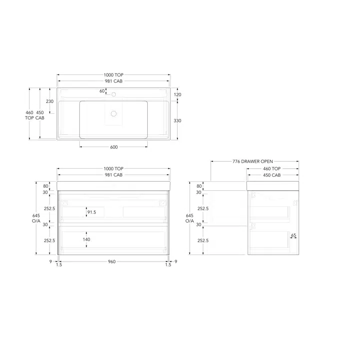 Roca Ona Vanity All Drawer Twin Centre Bowl 1000mm Dark Elm