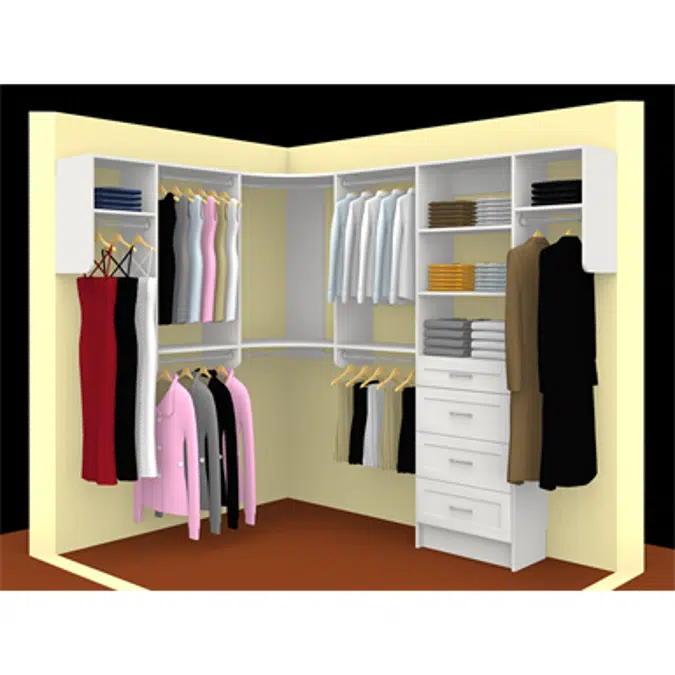 MasterSuite Closet Custom Series Walk-In The Deluxe 6x8 Walk-In Drawer Tower Featuring Radius Corners with Shelving and Hanging Options​