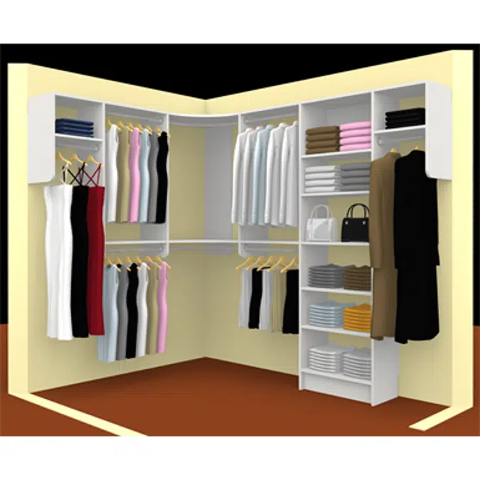 MasterSuite Closet Custom Series Walk-In The Deluxe 6x8 Walk-In Shelf Tower. Featuring Radius Corners with Shelving and Hanging Options