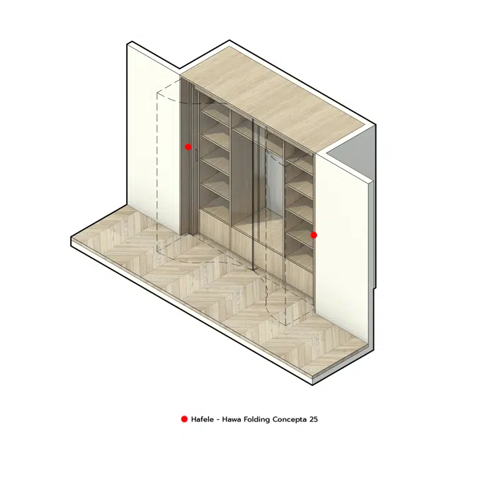 Storage shelves hidden behind the wall