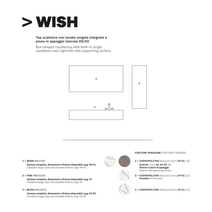 Wish  WH90S - WH90D Box-shaped countertop with built-in single washbasin and right/left side supporting surface