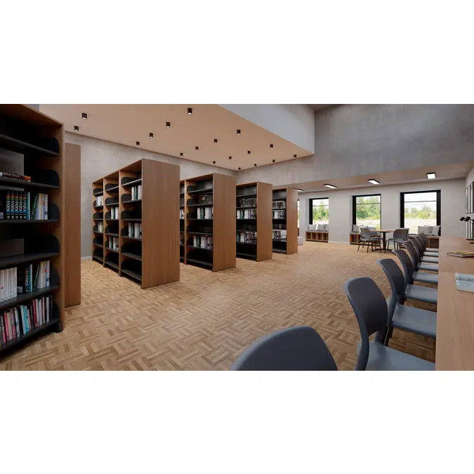 interior de un biblioteca con estante para libros, sofá y