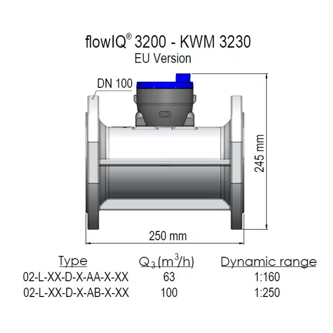 Water meter, flowIQ® 3200 – KWM3230, DN100 x 250 mm