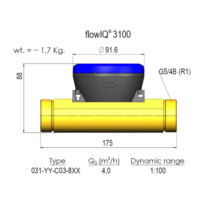 flowIQ®3100, Q3=4,0 m³/h, G5/4B (R1)x175 mm, Q3/Q1=100, contatore idrico