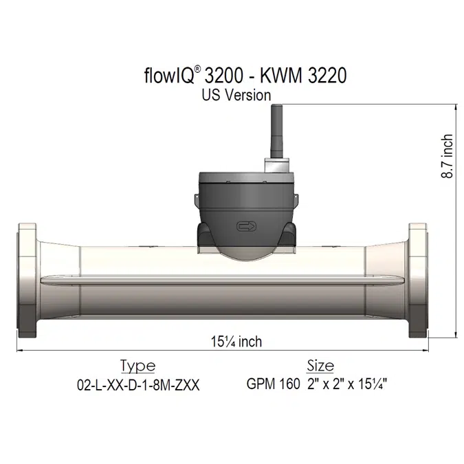 flowIQ®3200-KWM3220-US, GPM= 160,  Flanged 2" / 2” x 15¼”