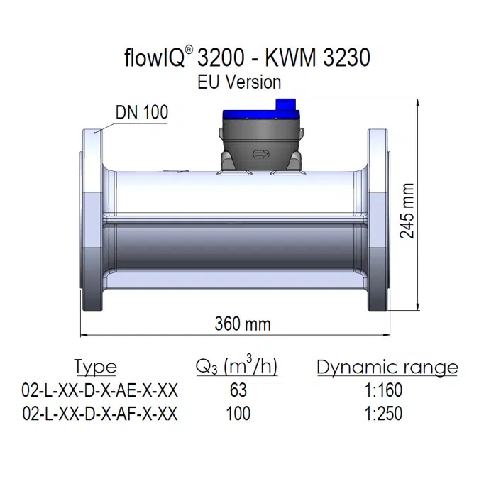 Water meter, flowIQ® 3200 – KWM3230, DN100 x 360 mm