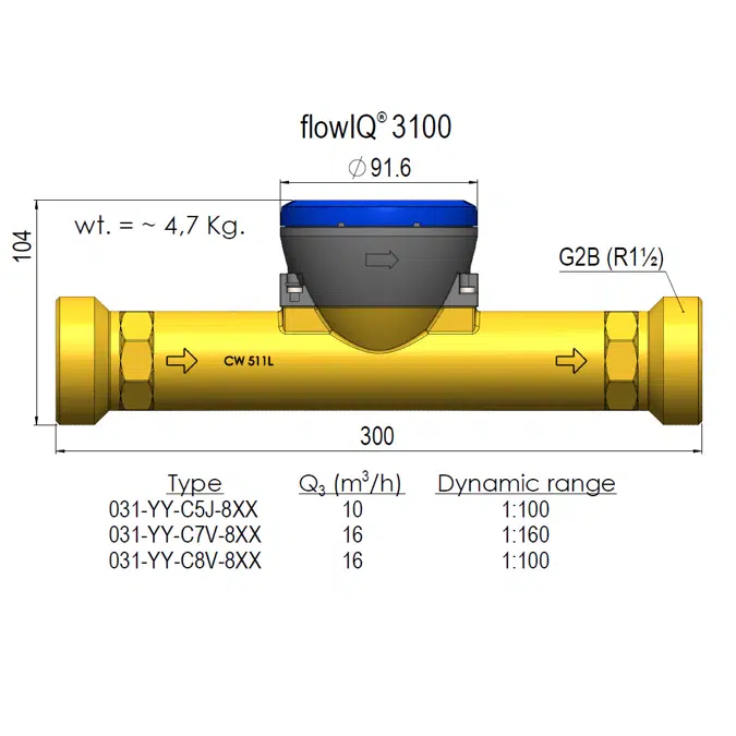 flowIQ®3100, Q3=10 m³/h, G2B (R1½)x300 mm, Q3/Q1=100, vannmåler