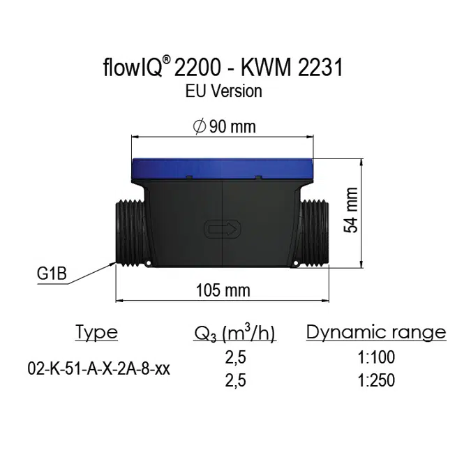 Water meter, flowIQ®2200 EU KWM 2231, G1B(R3/4)x105 mm