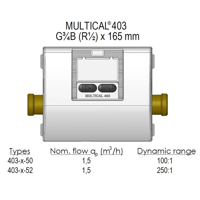 MULTICAL® 403, qp 1,5 m³/h, G¾B (R½) x 165 mm, contador de calefacción, refrigeración o combinado calor/frío