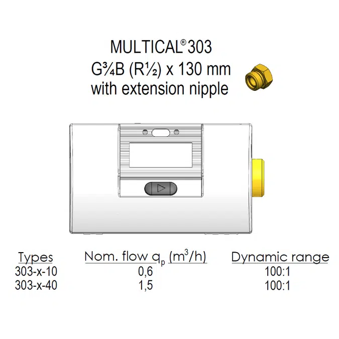 Heat-, Cooling- or Heat/Cooling meter, MULTICAL® 303, G3/4B (R1/2) x 130 mm