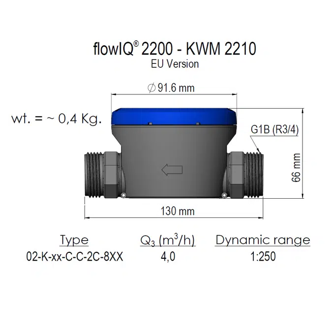 Water meter, flowIQ®2200 – KWM2210, G1B (R¾)x130 mm