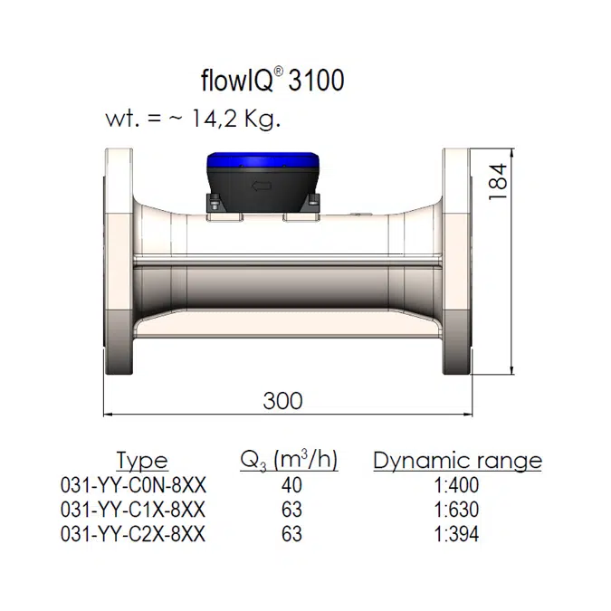 flowIQ®3100, Q3=40 m³/h, DN80x300 mm, Q3/Q1=100, contatore idrico