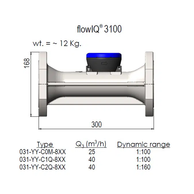 flowIQ®3100, Q3=25 m³/h, DN65x300 mm, Q3/Q1=100, contador de agua