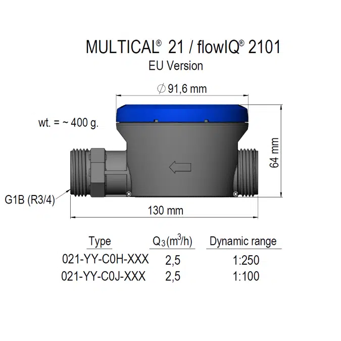 Water meter, MULTICAL®21/flowIQ®2101, G1B (R¾)x130 mm