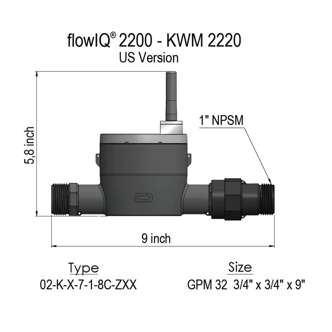 Water meter, flowIQ®2200-KWM2220-US, GPM= 32, 3/4" - 1" NPSM