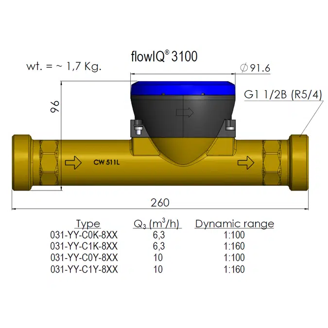flowIQ®3100, Q3=6,3 m³/h, G1½B(R5/4) x260 mm, Q3/Q1= 100, Wasserzähler