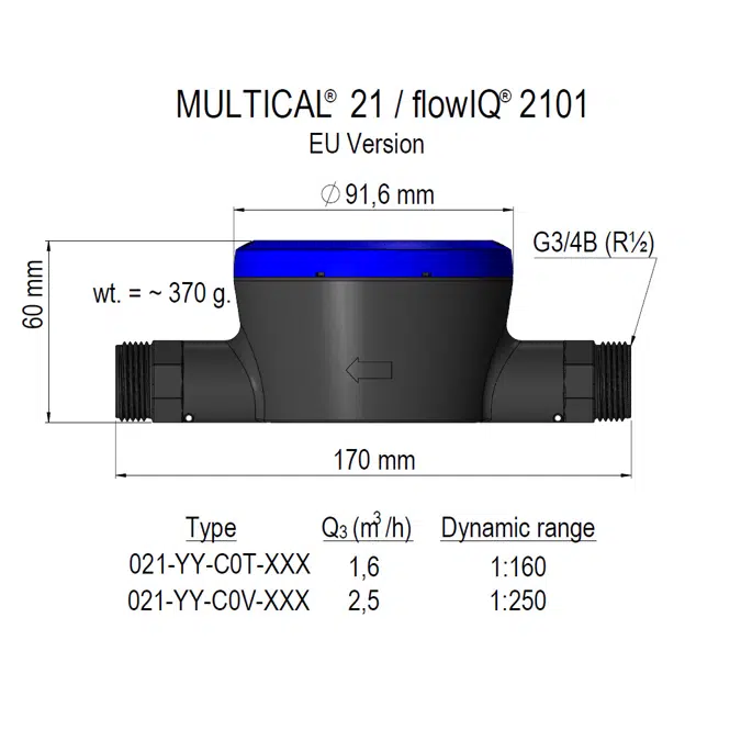 Water meter, MULTICAL®21/flowIQ®2101, G¾B (R½)x170 mm