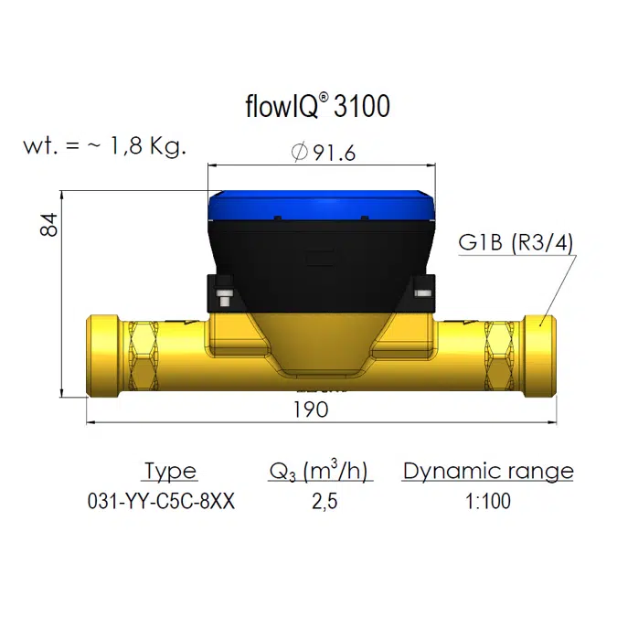 Water meter, flowIQ®3100, G1B (R3/4) x 190 mm