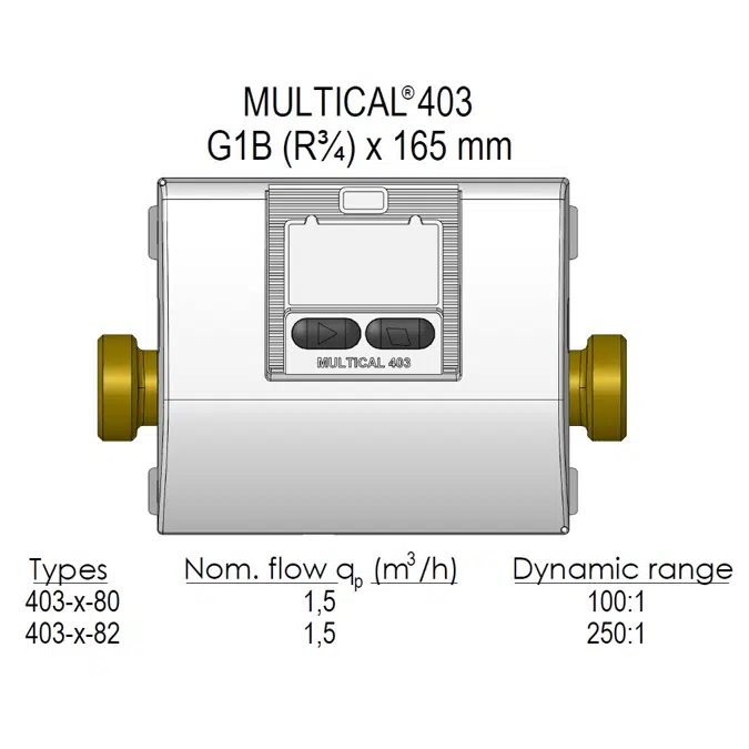 MULTICAL® 403, qp 1,5 m³/h, G1B (R¾) x 165 mm, lämpöenergiamittari, jäähdytysenergiamittari tai niiden yhdistelmä.