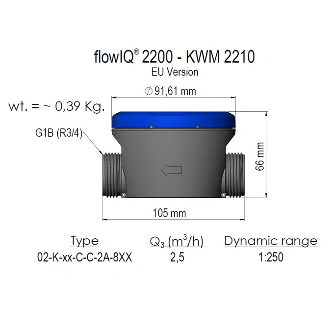 Compteur d’eau, flowIQ®2200, Q3 2,5 m3/h, G1B (R¾)x105 mm