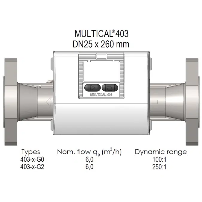 MULTICAL® 403, qp 6,0 m³/h, DN25 x 260 mm, heat meter, cooling meter or combined heat/cooling meter