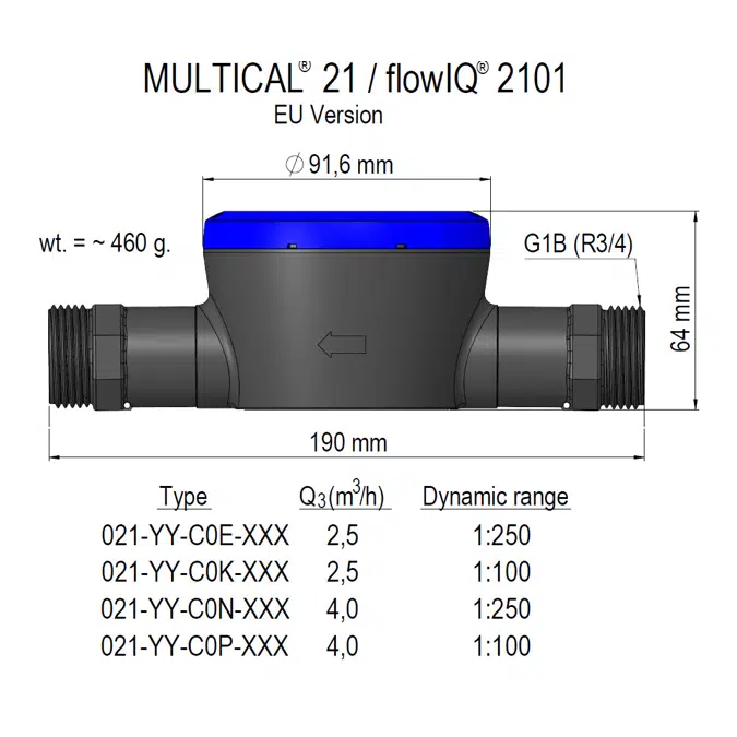 Water meter, MULTICAL®21/flowIQ®2101, G1B (R¾)x190 mm