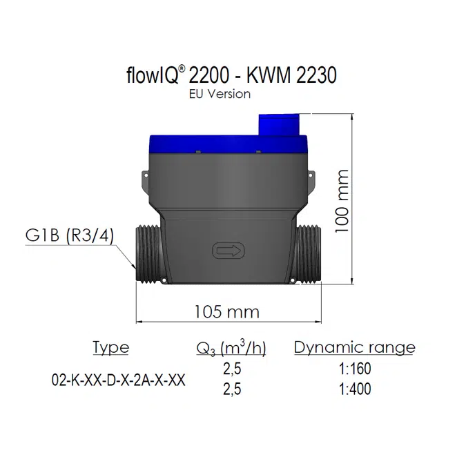 Water meter, flowIQ®2200 – KWM2230, G1B (R3/4) x 105 mm.