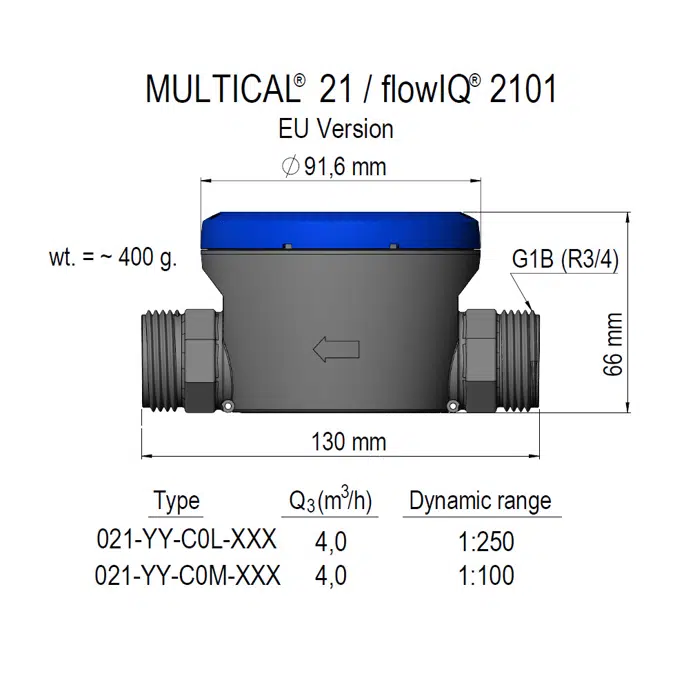 Compteur d’eau, MULTICAL®21/flowIQ®2101, G1B (R¾)x130 mm.