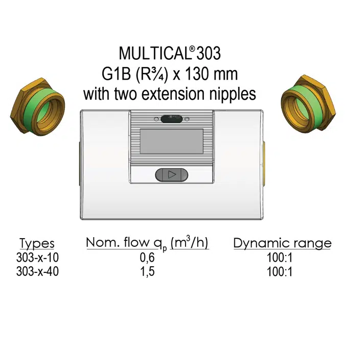 Heat-, Cooling- or Heat/Cooling meter, MULTICAL® 303, G1B (R3/4) x 130 mm