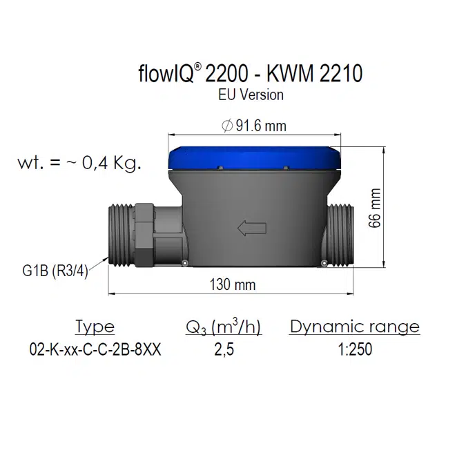 Contatore idrico, flowIQ®2200, Q3 2,5 m3/h, G1B (R¾)x130 mm