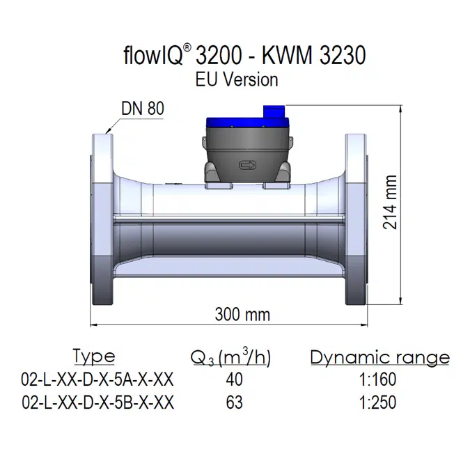 Water meter, flowIQ® 3200 – KWM3230, DN80 x 300 mm