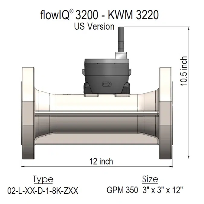 flowIQ®3200-KWM3220-US, GPM= 350,  Flanged 3" / 3” x 12”