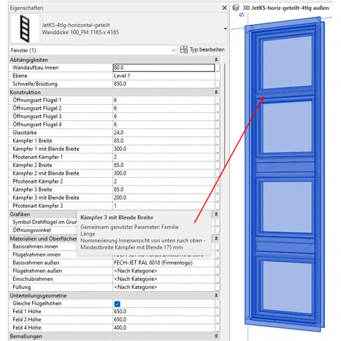 Fech-Jet-System® four part window horizontal mullion