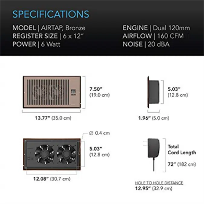 AC Infinity AIRTAP T6, Quiet Register Booster Fan with Thermostat Control. Heating Cooling AC Vent. Fits 6” x 12” Register Holes.