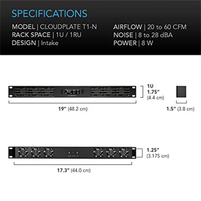 AC Infinity CLOUDPLATE T1-N, Rack Mount Fan Panel 1U, Intake Airflow, for cooling AV, Home Theater, Network 19” Racks